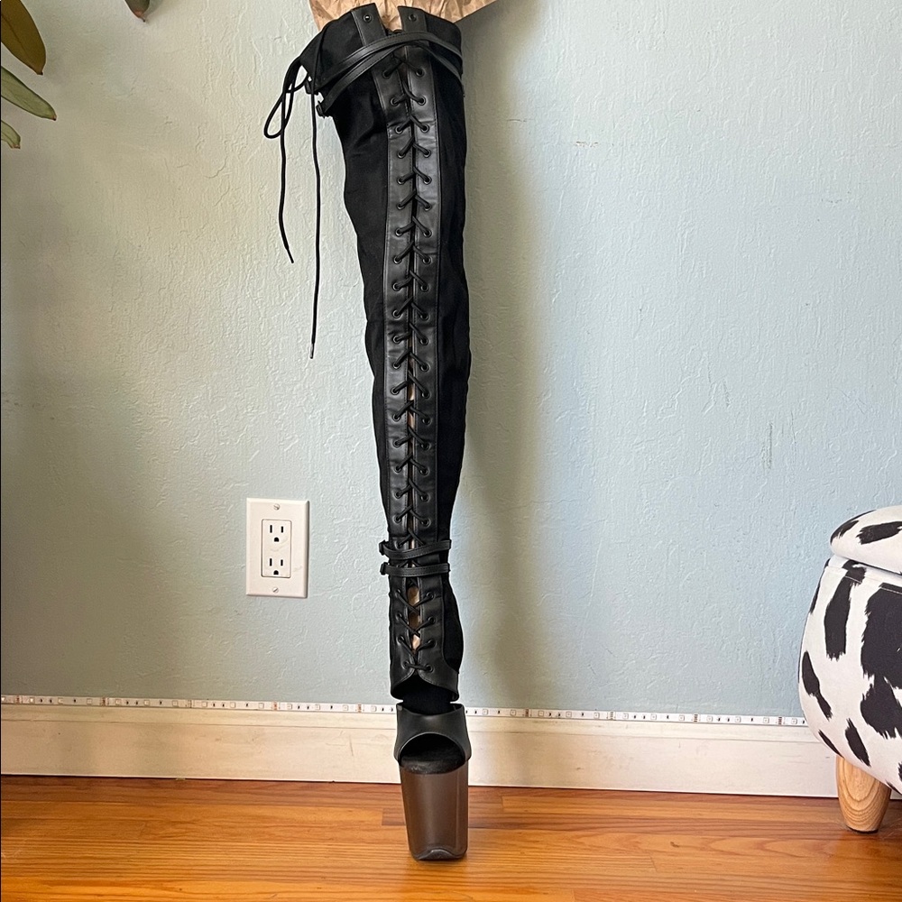 Pleaser Black Lace-Up Over the Knee Boots